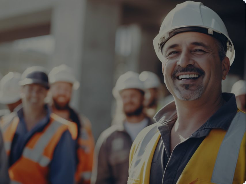 Smiling crew of workers in hard hats on site