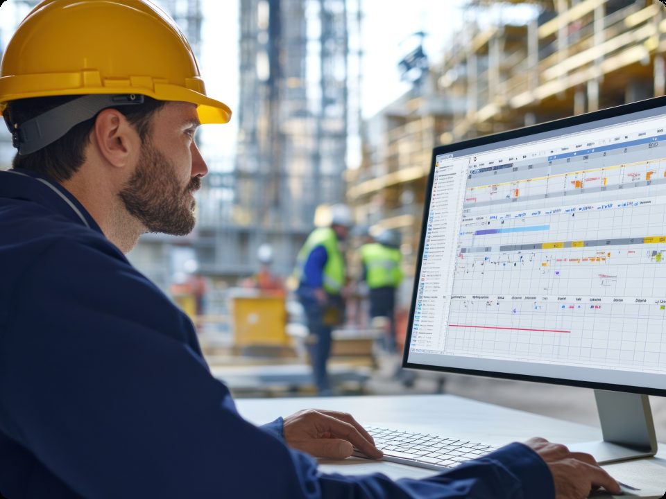 Worker in a hard hat reviewing operational data on a screen inside a warehouse