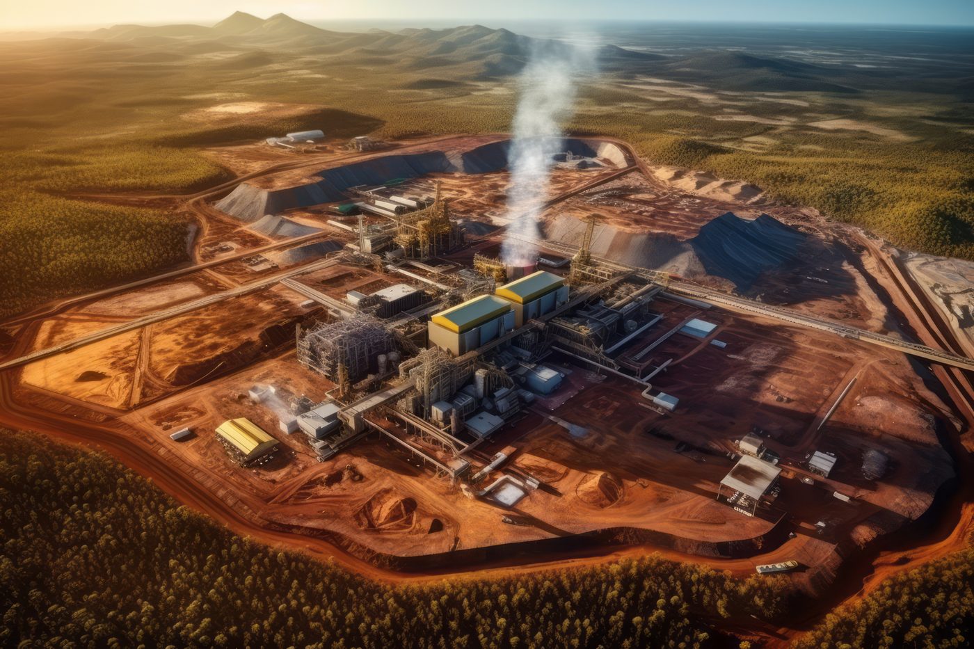 Aerial view of a connected mining operation with its processing plant and haul roads