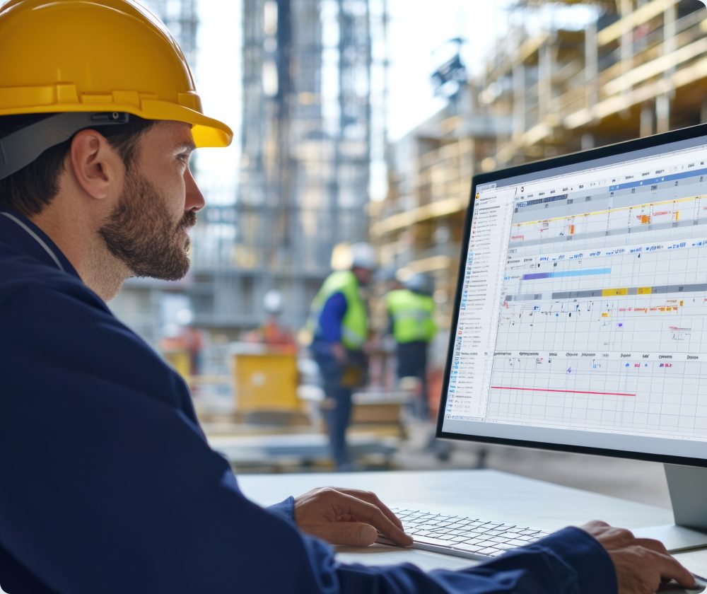 Engineer reviewing ventilation and scheduling data on a desktop monitor beside an industrial site