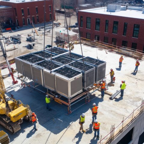 Crane lifting prefabricated plant modules on a construction site
